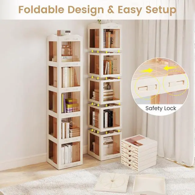Alt view image 4 of 6 - Foldable Rotating Bookshelf, 5-Tier Spinning Bookcase w/Swivel Base, 360° Revolving Bookshelf Tower, Tall Corner Display Shelf, Translucent Storage Organizer for Living Room, Study