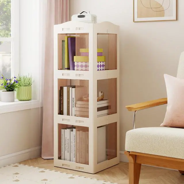 Alt view image 2 of 6 - Foldable Rotating Bookshelf, 3-Tier Spinning Bookcase w/Swivel Base, 360° Revolving Bookshelf Tower, Tall Corner Display Shelf, Translucent Storage Organizer for Living Room, Study