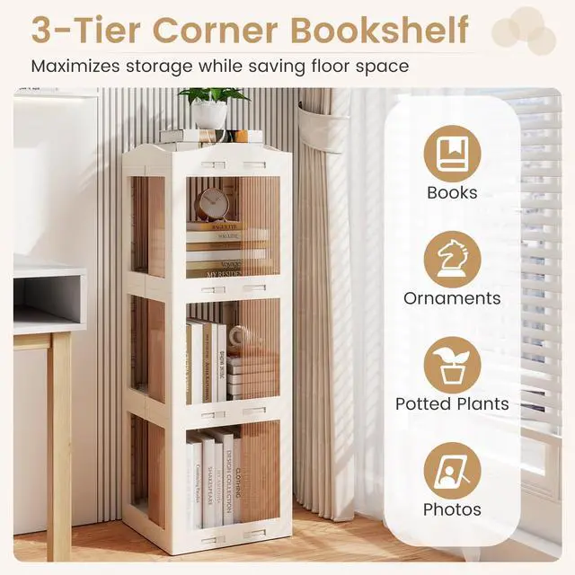 Alt view image 6 of 6 - Foldable Rotating Bookshelf, 3-Tier Spinning Bookcase w/Swivel Base, 360° Revolving Bookshelf Tower, Tall Corner Display Shelf, Translucent Storage Organizer for Living Room, Study