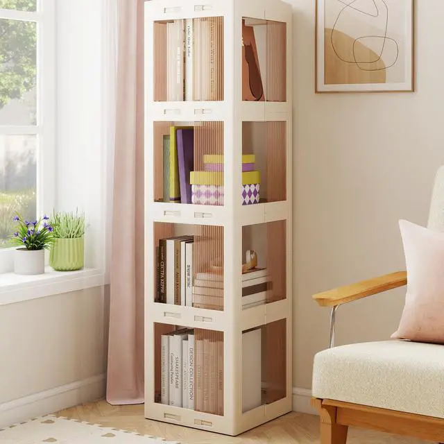 Alt view image 2 of 6 - Foldable Rotating Bookshelf, 4-Tier Spinning Bookcase w/Swivel Base, 360° Revolving Bookshelf Tower, Tall Corner Display Shelf, Translucent Storage Organizer for Living Room, Study