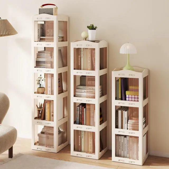 Alt view image 4 of 6 - Foldable Rotating Bookshelf, 4-Tier Spinning Bookcase w/Swivel Base, 360° Revolving Bookshelf Tower, Tall Corner Display Shelf, Translucent Storage Organizer for Living Room, Study