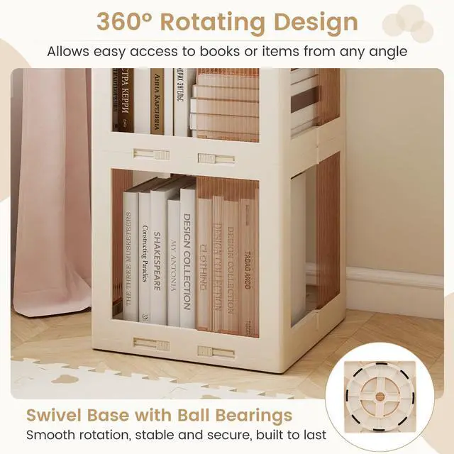 Alt view image 5 of 6 - Foldable Rotating Bookshelf, 4-Tier Spinning Bookcase w/Swivel Base, 360° Revolving Bookshelf Tower, Tall Corner Display Shelf, Translucent Storage Organizer for Living Room, Study