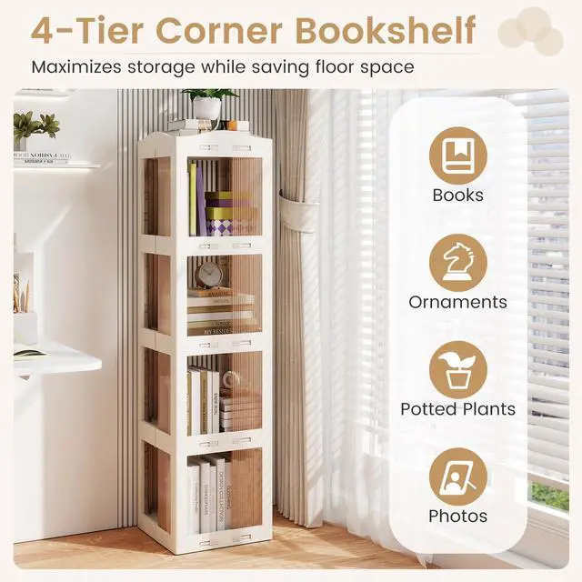 Alt view image 6 of 6 - Foldable Rotating Bookshelf, 4-Tier Spinning Bookcase w/Swivel Base, 360° Revolving Bookshelf Tower, Tall Corner Display Shelf, Translucent Storage Organizer for Living Room, Study