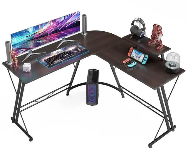 Main image of L Shaped Computer Home Office Corner Desk for Multiple Screens and Monitors with Removable Stand, Easy Assembly, Black Walnut