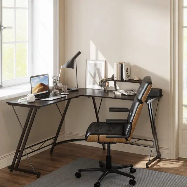 Alt view image 4 of 6 - L Shaped Computer Home Office Corner Desk for Multiple Screens and Monitors with Removable Stand, Easy Assembly, Black Walnut