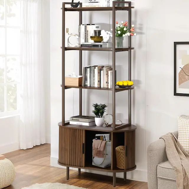 Main image of 71" Tall Fluted Bookshelf with Sliding Tambour Doors, 4-Tier Book Shelf with Open Display Shelves and Adjustable Footpad, Modern Bookcase with Storage Cabinet for Living Room, Bedroom (Brown)