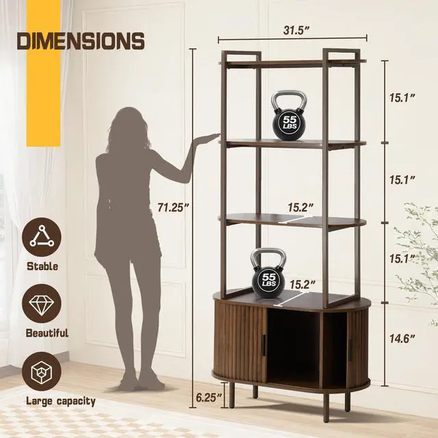 Alt view image 2 of 6 - 71" Tall Fluted Bookshelf with Sliding Tambour Doors, 4-Tier Book Shelf with Open Display Shelves and Adjustable Footpad, Modern Bookcase with Storage Cabinet for Living Room, Bedroom (Brown)