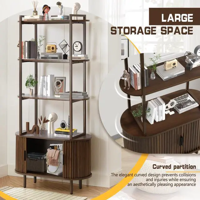 Alt view image 3 of 6 - 71" Tall Fluted Bookshelf with Sliding Tambour Doors, 4-Tier Book Shelf with Open Display Shelves and Adjustable Footpad, Modern Bookcase with Storage Cabinet for Living Room, Bedroom (Brown)