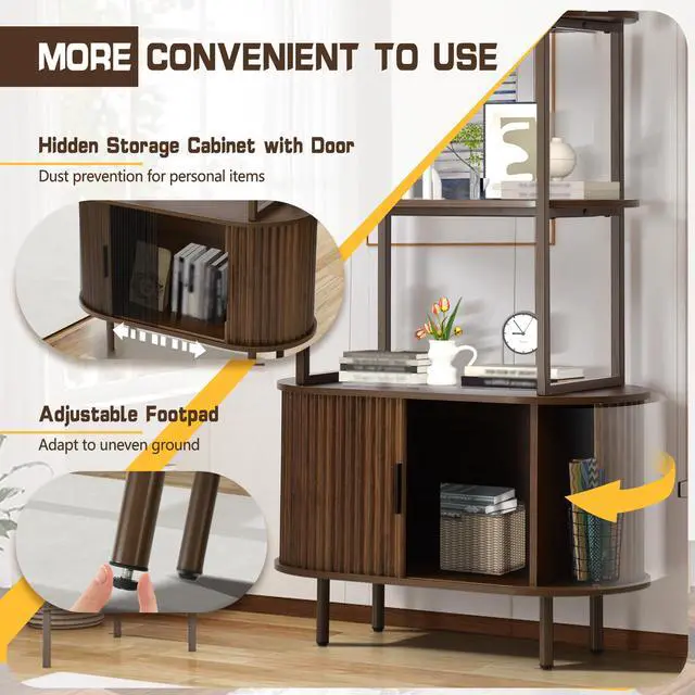 Alt view image 4 of 6 - 71" Tall Fluted Bookshelf with Sliding Tambour Doors, 4-Tier Book Shelf with Open Display Shelves and Adjustable Footpad, Modern Bookcase with Storage Cabinet for Living Room, Bedroom (Brown)
