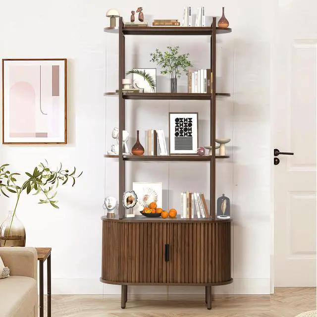 Alt view image 6 of 6 - 71" Tall Fluted Bookshelf with Sliding Tambour Doors, 4-Tier Book Shelf with Open Display Shelves and Adjustable Footpad, Modern Bookcase with Storage Cabinet for Living Room, Bedroom (Brown)