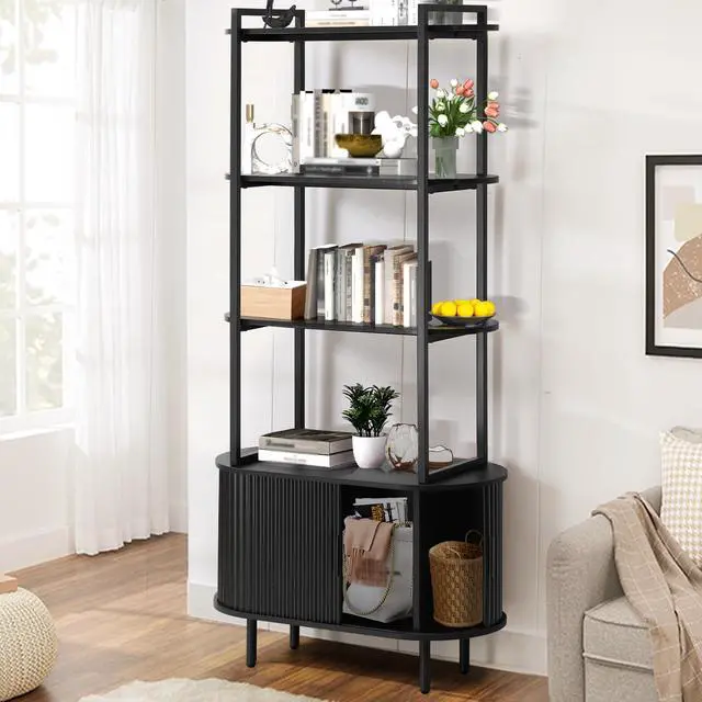 Main image of 71" Tall Fluted Bookshelf with Sliding Tambour Doors, 4-Tier Book Shelf with Open Display Shelves and Adjustable Footpad, Modern Bookcase with Storage Cabinet for Living Room, Bedroom (Black)