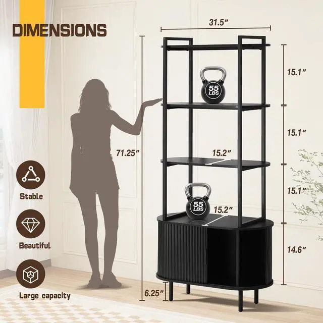 Alt view image 2 of 6 - 71" Tall Fluted Bookshelf with Sliding Tambour Doors, 4-Tier Book Shelf with Open Display Shelves and Adjustable Footpad, Modern Bookcase with Storage Cabinet for Living Room, Bedroom (Black)