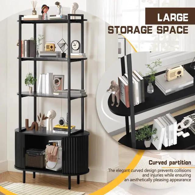 Alt view image 3 of 6 - 71" Tall Fluted Bookshelf with Sliding Tambour Doors, 4-Tier Book Shelf with Open Display Shelves and Adjustable Footpad, Modern Bookcase with Storage Cabinet for Living Room, Bedroom (Black)