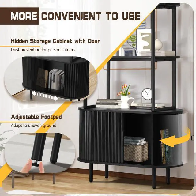 Alt view image 4 of 6 - 71" Tall Fluted Bookshelf with Sliding Tambour Doors, 4-Tier Book Shelf with Open Display Shelves and Adjustable Footpad, Modern Bookcase with Storage Cabinet for Living Room, Bedroom (Black)