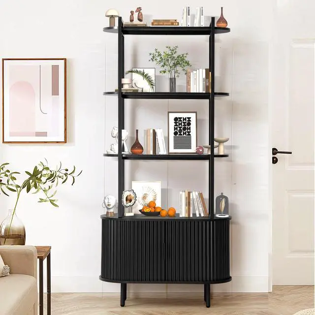 Alt view image 6 of 6 - 71" Tall Fluted Bookshelf with Sliding Tambour Doors, 4-Tier Book Shelf with Open Display Shelves and Adjustable Footpad, Modern Bookcase with Storage Cabinet for Living Room, Bedroom (Black)