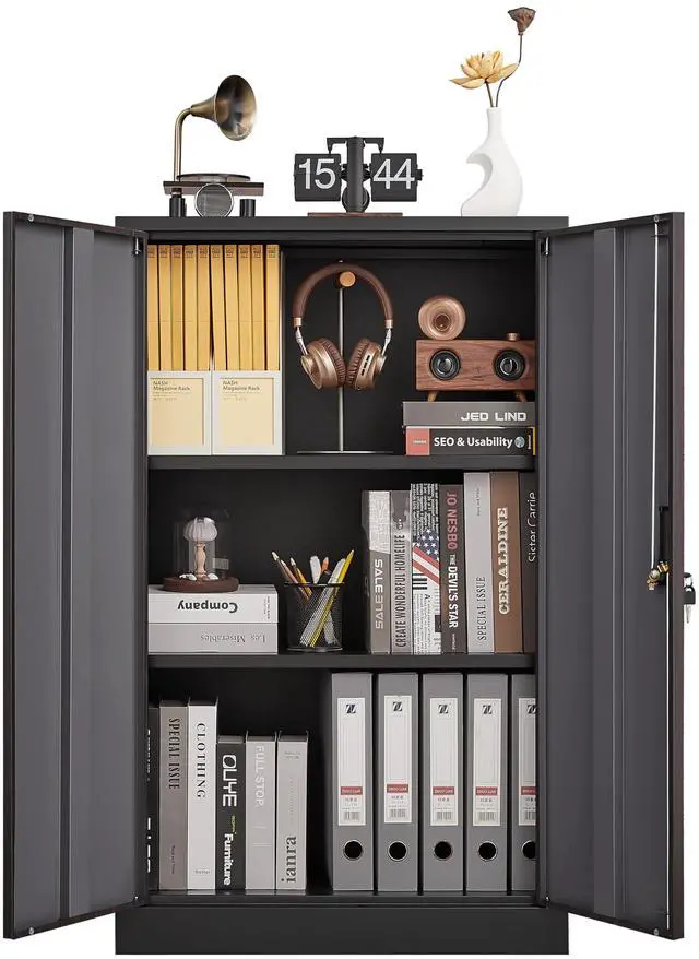 Main image of 42" Metal Storage Cabinet with 2 Locking Doors and 3 Adjustable Shelf, Folding Filing Storage Cabinet, Folding Storage Locker Cabinet for Home Office,School,Garage (Black +Brown)