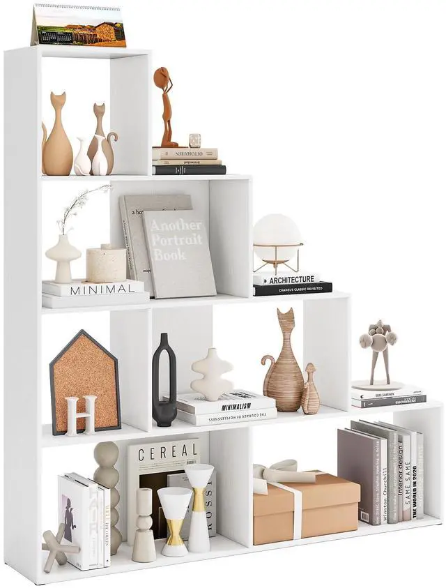 Main image of Step Bookcase 4-Tier, Wood, 6 Cube Storage Organizer, 64 Stepped Etagere Bookcase, Stair Shape Bookshelf, Freestanding L-Shaped Bookshelf for Living Room, Home Office, White