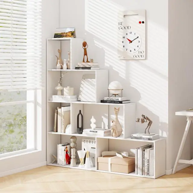 Alt view image 2 of 6 - Step Bookcase 4-Tier, Wood, 6 Cube Storage Organizer, 64 Stepped Etagere Bookcase, Stair Shape Bookshelf, Freestanding L-Shaped Bookshelf for Living Room, Home Office, White