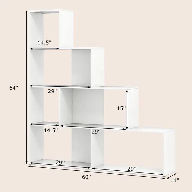Alt view image 3 of 6 - Step Bookcase 4-Tier, Wood, 6 Cube Storage Organizer, 64 Stepped Etagere Bookcase, Stair Shape Bookshelf, Freestanding L-Shaped Bookshelf for Living Room, Home Office, White