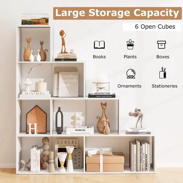 Alt view image 4 of 6 - Step Bookcase 4-Tier, Wood, 6 Cube Storage Organizer, 64 Stepped Etagere Bookcase, Stair Shape Bookshelf, Freestanding L-Shaped Bookshelf for Living Room, Home Office, White