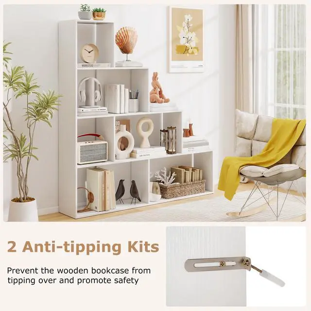 Alt view image 5 of 6 - Step Bookcase 4-Tier, Wood, 6 Cube Storage Organizer, 64 Stepped Etagere Bookcase, Stair Shape Bookshelf, Freestanding L-Shaped Bookshelf for Living Room, Home Office, White