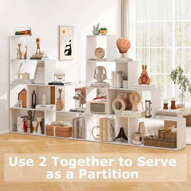 Alt view image 6 of 6 - Step Bookcase 4-Tier, Wood, 6 Cube Storage Organizer, 64 Stepped Etagere Bookcase, Stair Shape Bookshelf, Freestanding L-Shaped Bookshelf for Living Room, Home Office, White