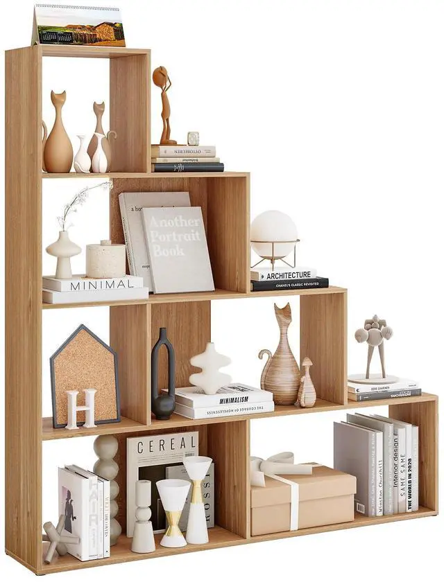 Main image of Step Bookcase 4-Tier, Wood, 6 Cube Storage Organizer, 64 Stepped Etagere Bookcase, Stair Shape Bookshelf, Freestanding L-Shaped Bookshelf for Living Room, Home Office, Natural