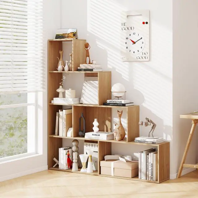 Alt view image 2 of 6 - Step Bookcase 4-Tier, Wood, 6 Cube Storage Organizer, 64 Stepped Etagere Bookcase, Stair Shape Bookshelf, Freestanding L-Shaped Bookshelf for Living Room, Home Office, Natural