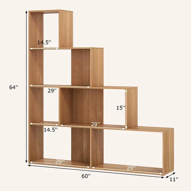 Alt view image 3 of 6 - Step Bookcase 4-Tier, Wood, 6 Cube Storage Organizer, 64 Stepped Etagere Bookcase, Stair Shape Bookshelf, Freestanding L-Shaped Bookshelf for Living Room, Home Office, Natural
