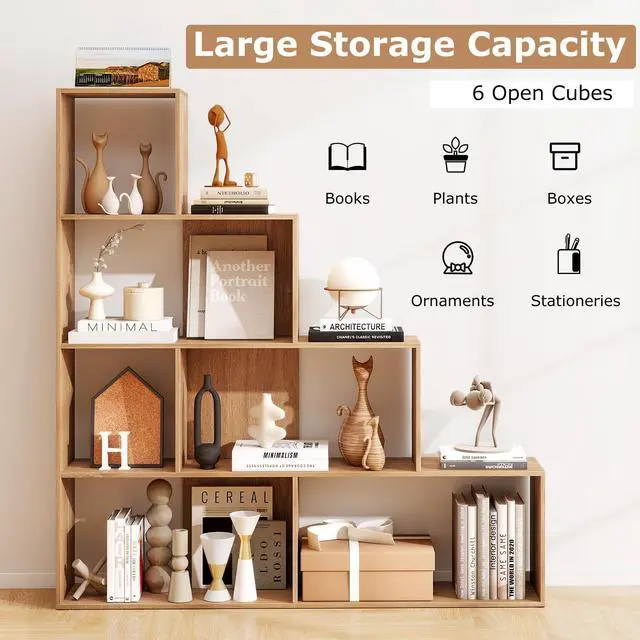 Alt view image 4 of 6 - Step Bookcase 4-Tier, Wood, 6 Cube Storage Organizer, 64 Stepped Etagere Bookcase, Stair Shape Bookshelf, Freestanding L-Shaped Bookshelf for Living Room, Home Office, Natural