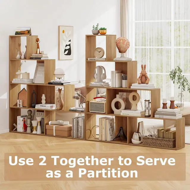 Alt view image 6 of 6 - Step Bookcase 4-Tier, Wood, 6 Cube Storage Organizer, 64 Stepped Etagere Bookcase, Stair Shape Bookshelf, Freestanding L-Shaped Bookshelf for Living Room, Home Office, Natural