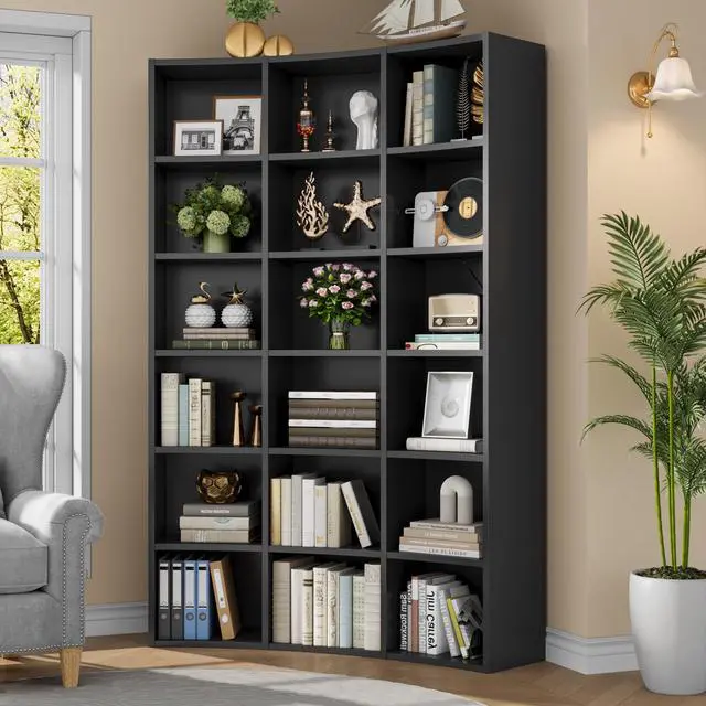 Alt view image 2 of 6 - 71" Triple Wide Bookshelf, 6 Tier Tall Bookshelf, Large Book Shelf with Curved Baffle, 41.5" Wide Bookcase with 18 Open Floor Standing Display Shelves for Living Room,Black