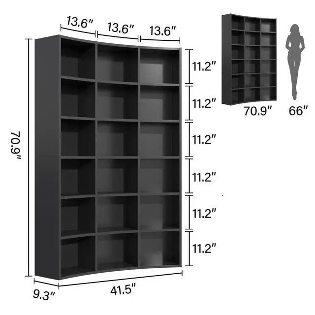 Alt view image 3 of 6 - 71" Triple Wide Bookshelf, 6 Tier Tall Bookshelf, Large Book Shelf with Curved Baffle, 41.5" Wide Bookcase with 18 Open Floor Standing Display Shelves for Living Room,Black