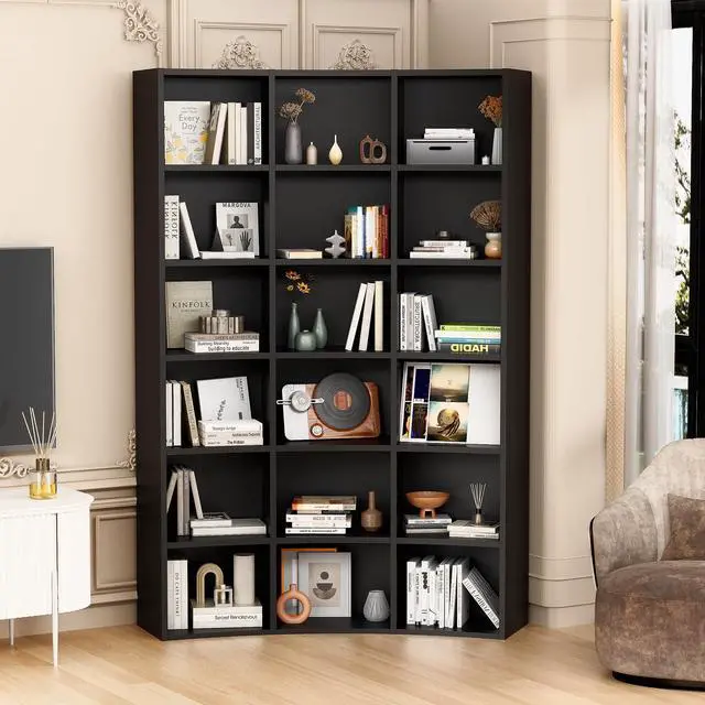 Alt view image 4 of 6 - 71" Triple Wide Bookshelf, 6 Tier Tall Bookshelf, Large Book Shelf with Curved Baffle, 41.5" Wide Bookcase with 18 Open Floor Standing Display Shelves for Living Room,Black
