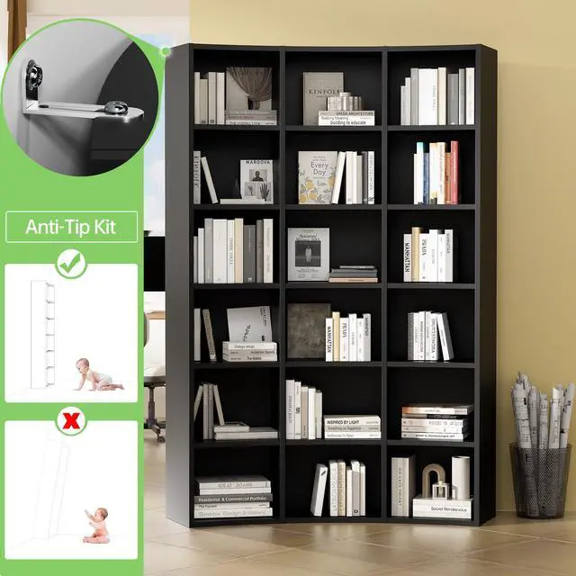 Alt view image 5 of 6 - 71" Triple Wide Bookshelf, 6 Tier Tall Bookshelf, Large Book Shelf with Curved Baffle, 41.5" Wide Bookcase with 18 Open Floor Standing Display Shelves for Living Room,Black