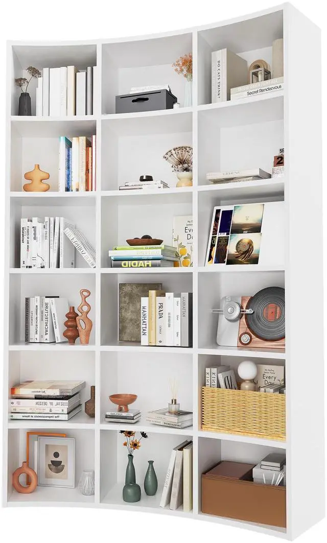 Main image of 71" Triple Wide Bookshelf, 6 Tier Tall Bookshelf, Large Book Shelf with Curved Baffle, 41.5" Wide Bookcase with 18 Open Floor Standing Display Shelves for Living Room, White