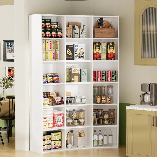 Alt view image 2 of 6 - 71" Triple Wide Bookshelf, 6 Tier Tall Bookshelf, Large Book Shelf with Curved Baffle, 41.5" Wide Bookcase with 18 Open Floor Standing Display Shelves for Living Room, White