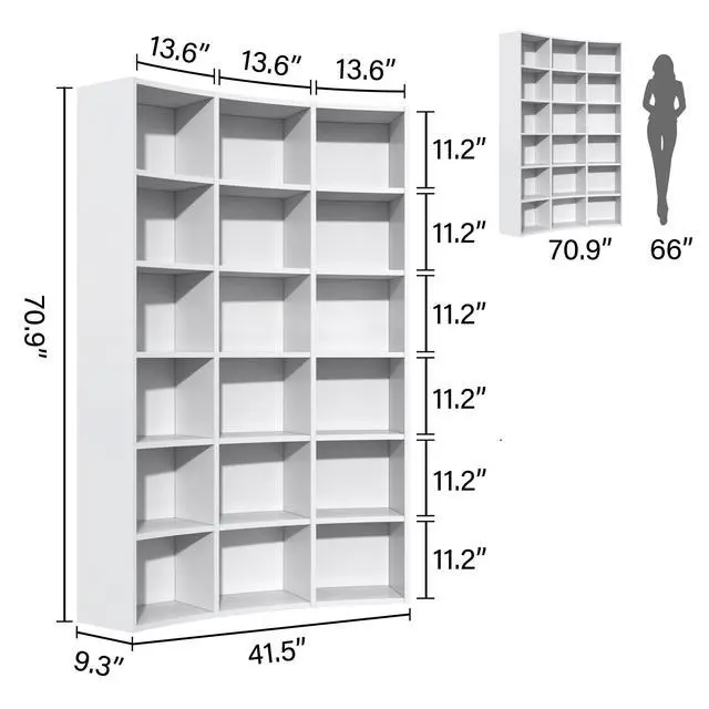 Alt view image 3 of 6 - 71" Triple Wide Bookshelf, 6 Tier Tall Bookshelf, Large Book Shelf with Curved Baffle, 41.5" Wide Bookcase with 18 Open Floor Standing Display Shelves for Living Room, White