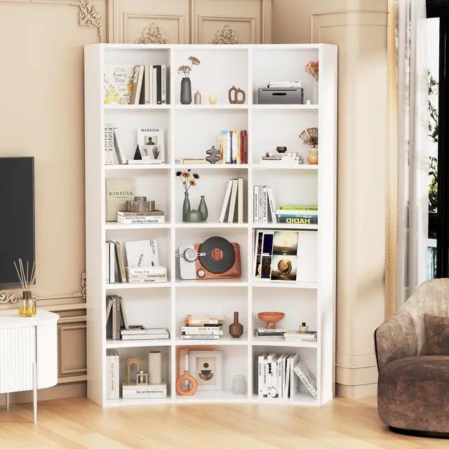 Alt view image 4 of 6 - 71" Triple Wide Bookshelf, 6 Tier Tall Bookshelf, Large Book Shelf with Curved Baffle, 41.5" Wide Bookcase with 18 Open Floor Standing Display Shelves for Living Room, White