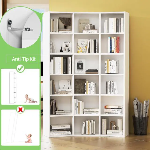 Alt view image 5 of 6 - 71" Triple Wide Bookshelf, 6 Tier Tall Bookshelf, Large Book Shelf with Curved Baffle, 41.5" Wide Bookcase with 18 Open Floor Standing Display Shelves for Living Room, White