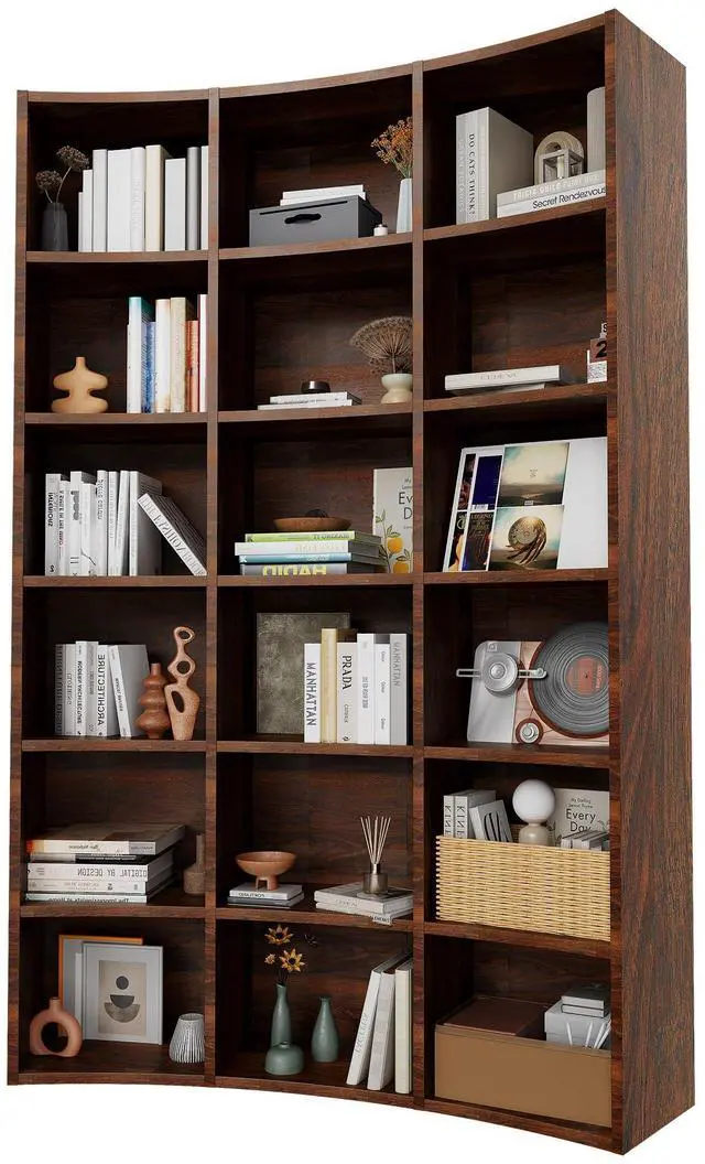 Main image of 71" Triple Wide Bookshelf, 6 Tier Tall Bookshelf, Large Book Shelf with Curved Baffle, 41.5" Wide Bookcase with 18 Open Floor Standing Display Shelves for Living Room, Study Brown