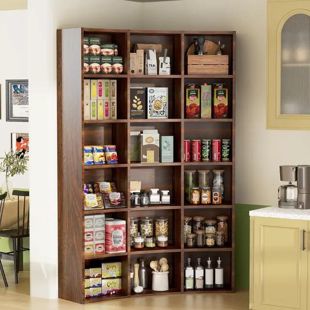 Alt view image 2 of 6 - 71" Triple Wide Bookshelf, 6 Tier Tall Bookshelf, Large Book Shelf with Curved Baffle, 41.5" Wide Bookcase with 18 Open Floor Standing Display Shelves for Living Room, Study Brown