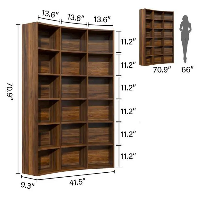 Alt view image 3 of 6 - 71" Triple Wide Bookshelf, 6 Tier Tall Bookshelf, Large Book Shelf with Curved Baffle, 41.5" Wide Bookcase with 18 Open Floor Standing Display Shelves for Living Room, Study Brown