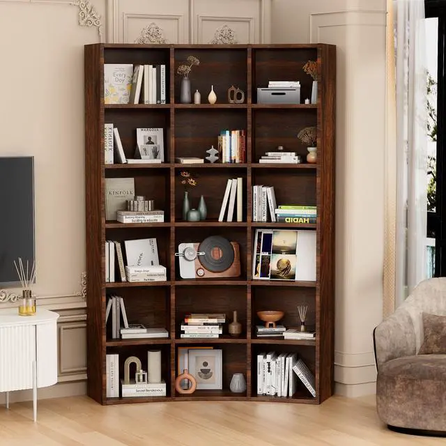 Alt view image 4 of 6 - 71" Triple Wide Bookshelf, 6 Tier Tall Bookshelf, Large Book Shelf with Curved Baffle, 41.5" Wide Bookcase with 18 Open Floor Standing Display Shelves for Living Room, Study Brown