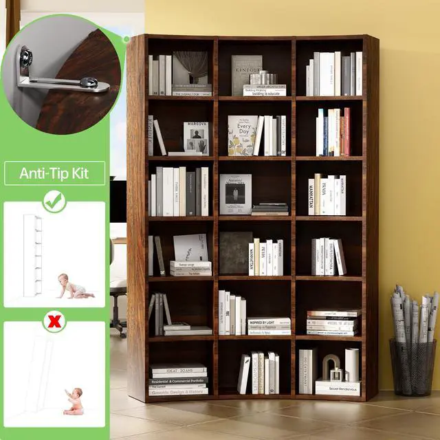 Alt view image 5 of 6 - 71" Triple Wide Bookshelf, 6 Tier Tall Bookshelf, Large Book Shelf with Curved Baffle, 41.5" Wide Bookcase with 18 Open Floor Standing Display Shelves for Living Room, Study Brown