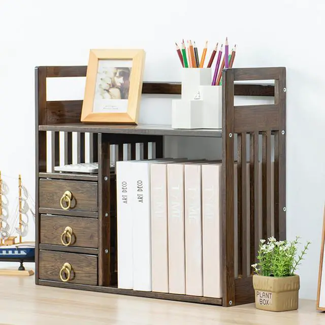 Main image of 2 Tier Bamboo Countertop Bookshelf,Desktop Organizer Shelves with 3 Drawers,Desktop Bookcase for Home Office,Walnut