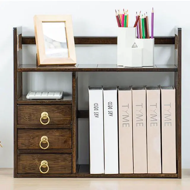 Alt view image 3 of 6 - 2 Tier Bamboo Countertop Bookshelf,Desktop Organizer Shelves with 3 Drawers,Desktop Bookcase for Home Office,Walnut