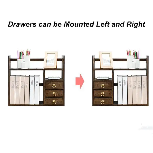 Alt view image 4 of 6 - 2 Tier Bamboo Countertop Bookshelf,Desktop Organizer Shelves with 3 Drawers,Desktop Bookcase for Home Office,Walnut