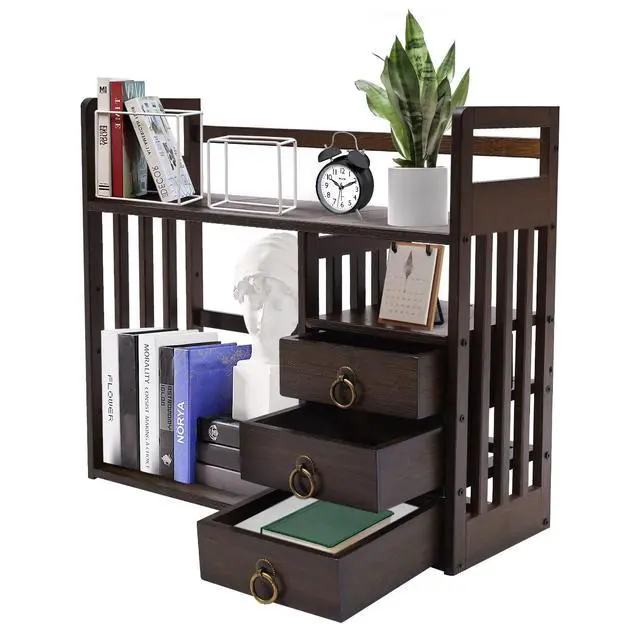 Alt view image 5 of 6 - 2 Tier Bamboo Countertop Bookshelf,Desktop Organizer Shelves with 3 Drawers,Desktop Bookcase for Home Office,Walnut