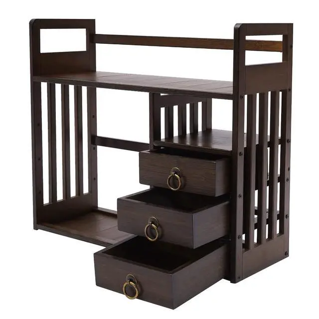 Alt view image 6 of 6 - 2 Tier Bamboo Countertop Bookshelf,Desktop Organizer Shelves with 3 Drawers,Desktop Bookcase for Home Office,Walnut